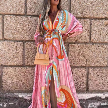 New women''s V-neck short sleeve printed long dress
