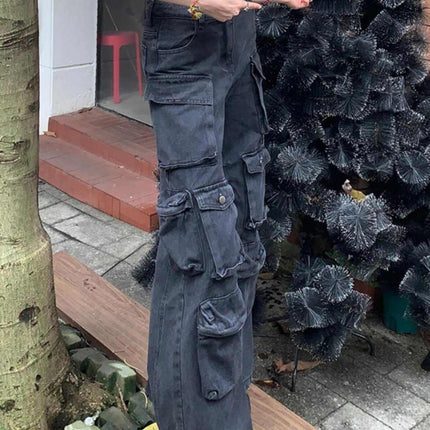 Retro Black Multi-pocket Cargo Pants Women's Loose Jeans