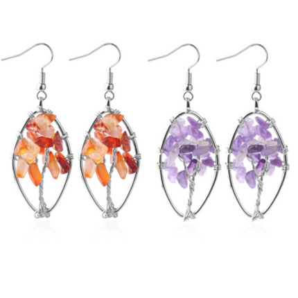 Natural Crystal Crushed Stone Earrings Handmade Tree Of Life Women's Turquoise