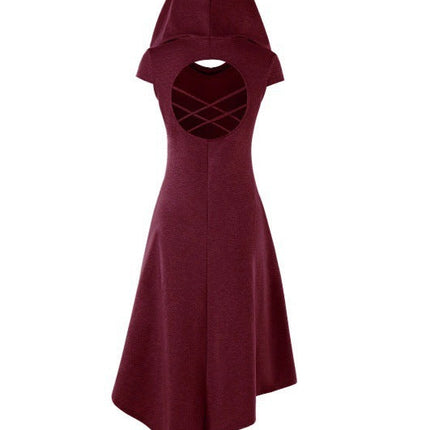 Back Hollow-out Underleg Asymmetric Hooded Midi Dress