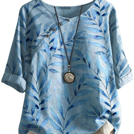 Long Sleeve Round Neck Pullover Three Quarter Sleeve Womens Printed T Shirt