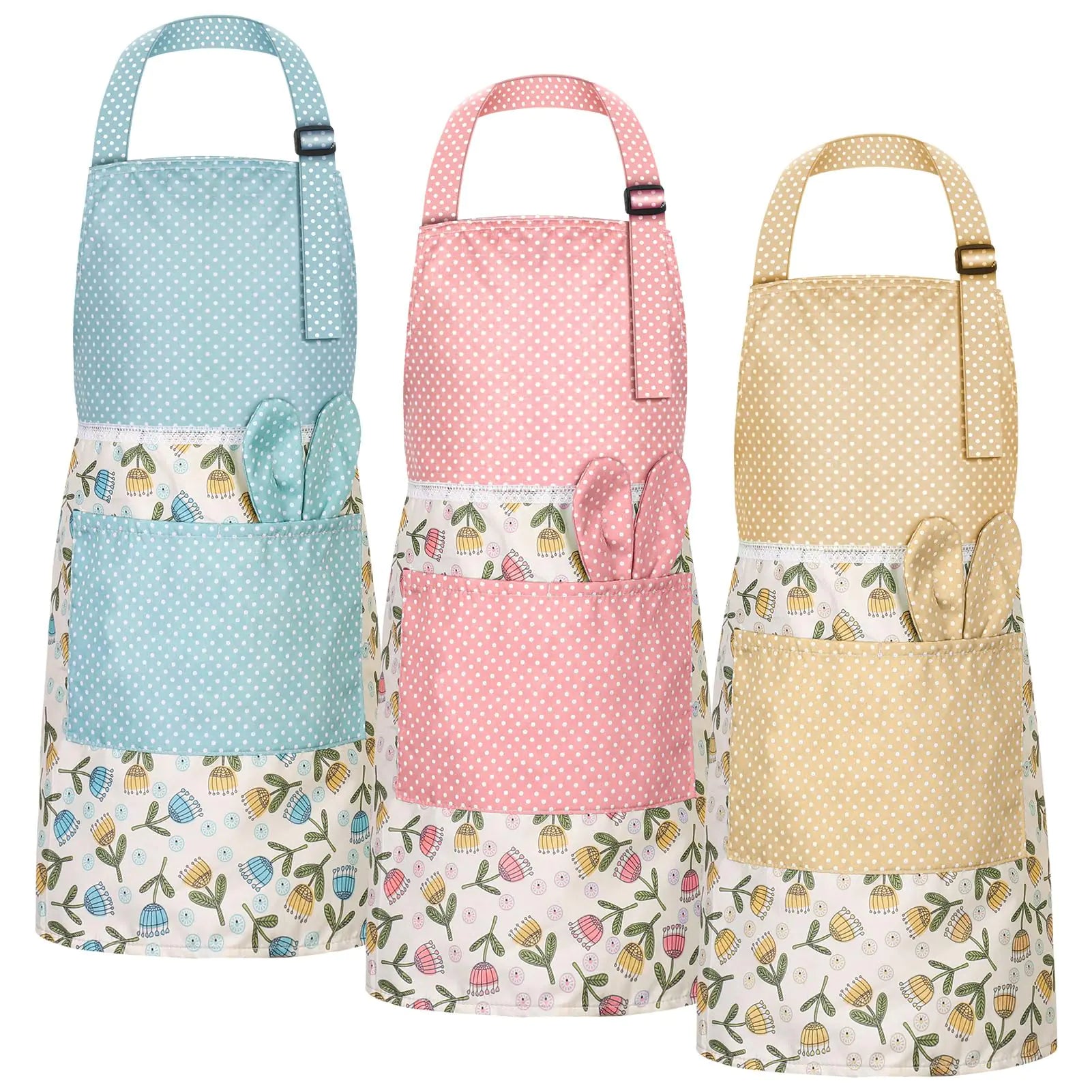 Auidy_6TXD Tulip Kids Apron Waterproof kids cooking aprons with Pockets Cute Floral Apron Adjustable Baking Bib Apron Kitchen Apron for Cooking Baking Painting and Gardening (L)