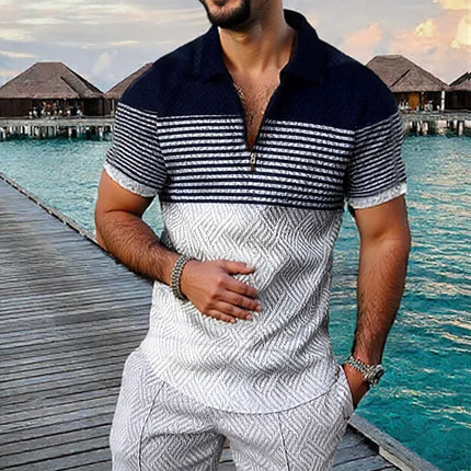 Men's Summer Fashion 3D Printed Short Sleeve Geometric Zip Lapel Shirt Set