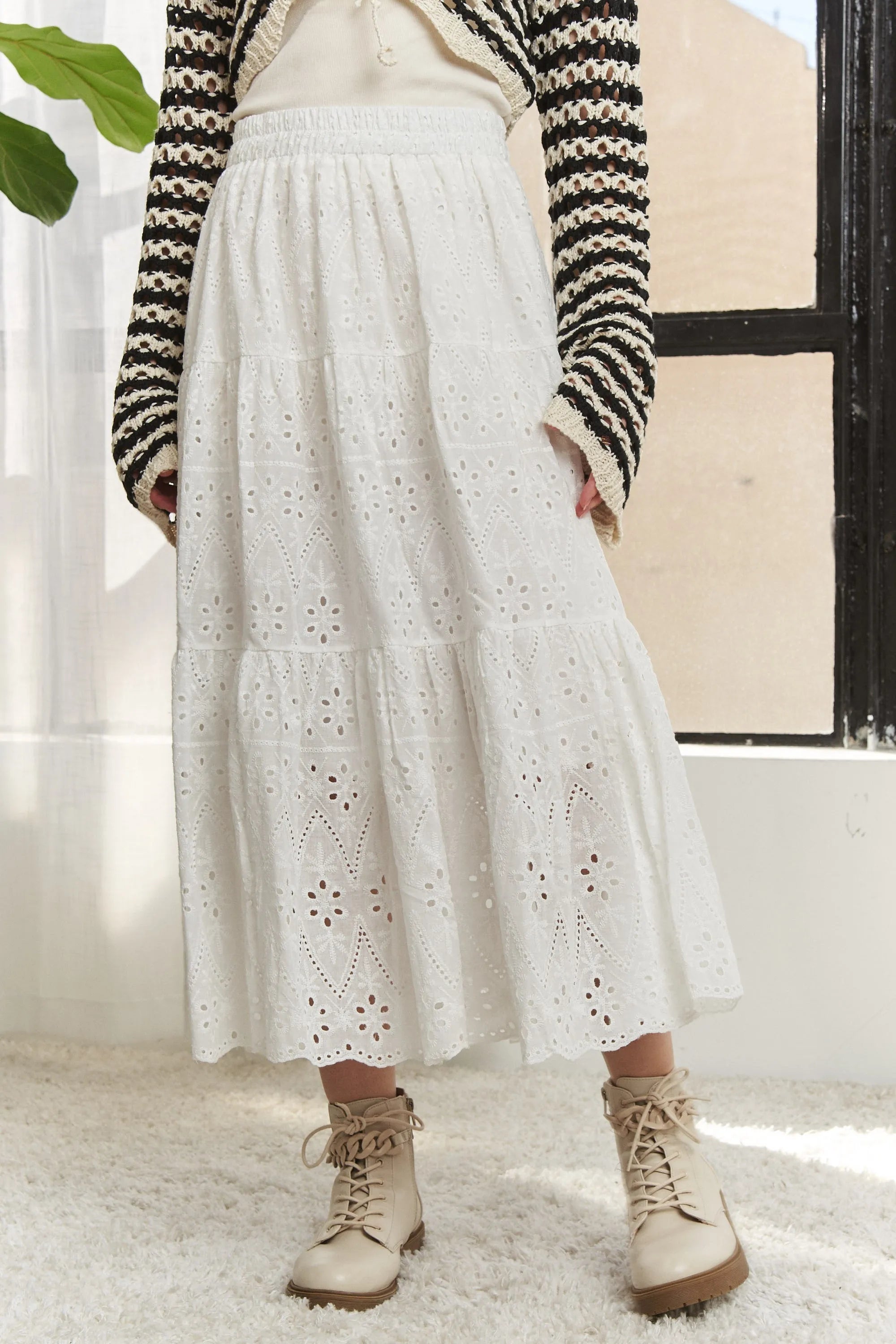 ADORA Elastic Waistband Tiered Midi Skirt