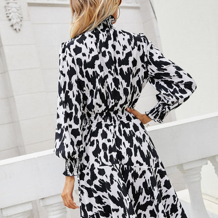 Leopard Print Round Hedging Ruffled Long-sleeved Midi Dress Product Information