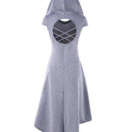 Back Hollow-out Underleg Asymmetric Hooded Midi Dress