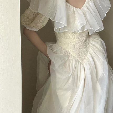 French Retro Light Wedding Puff Sleeve Lace Dress