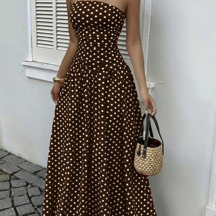 Elegant Off-Shoulder Polka Dot Dress – Strapless High-Waist Style