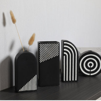 Black And White Striped Ceramic Dried Flower Vase Decorative Art Ornaments