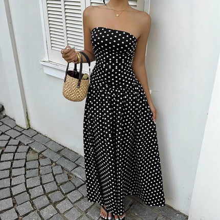 Elegant Off-Shoulder Polka Dot Dress – Strapless High-Waist Style