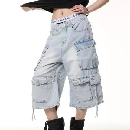 Retro Multi-pocket Denim Cargo Pants Shorts Women's Summer Loose Washed-out