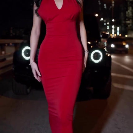 Red Halter Neck Slim Dress