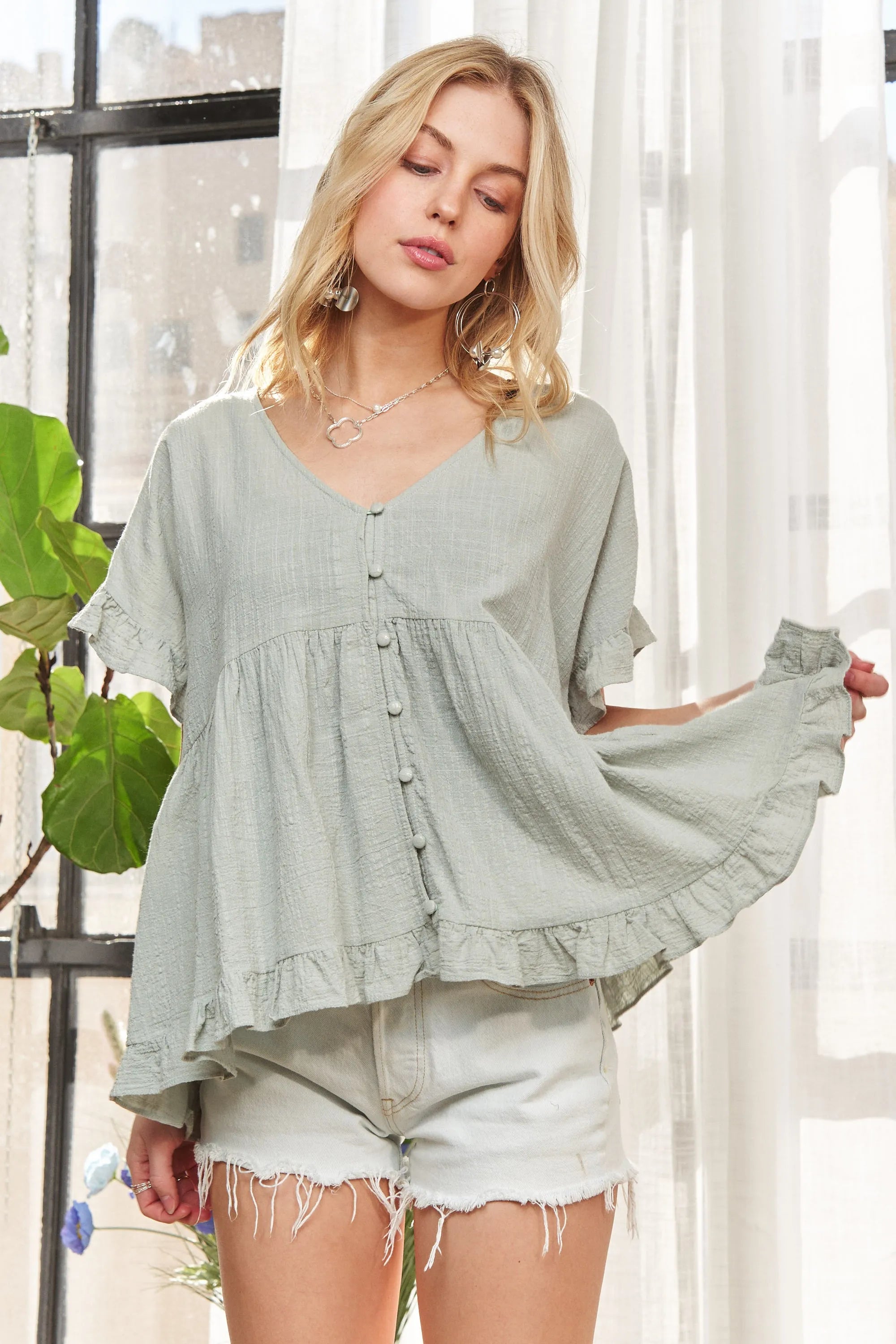 ADORA Button Down Ruffled Babydoll Blouse