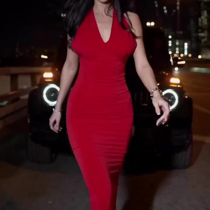 Red Halter Neck Slim Dress