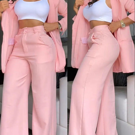 Pure Color Split Sleeve Lapel Suit Straight-leg Pants Suit Women