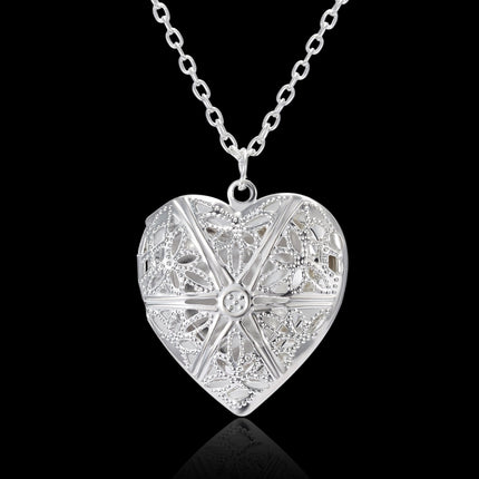 New Silver Carved Design Love Necklace Personalized Heart-shaped Photo Frame Necklace For Women Jewelry For Valentine's Day