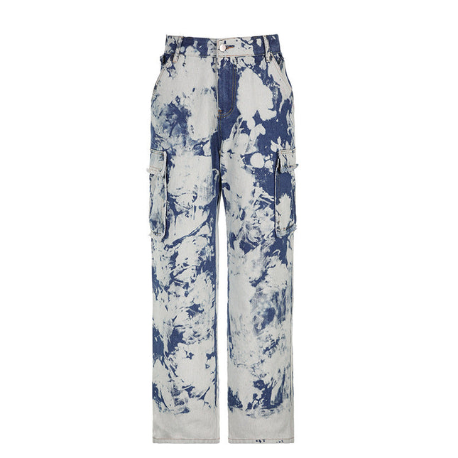 Washed Tie-dye Pocket Stitching High Waist Straight Jeans
