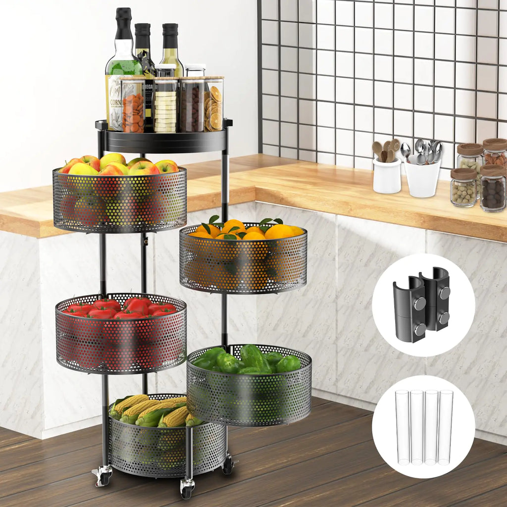 Amundo Fruit and Vegetable Basket Bowls for Kitchen5 Tier Rotating Storage Rack Cart With Metal Top LidDouble fixing ＆Metal Support Wheels Kitchen Storage Rack For Potato Onion Bread BananaBlack