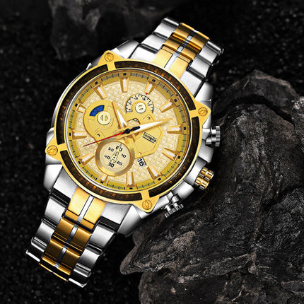 men''s watch fake three eyes luminous men''s watch fashion casual steel band waterproof watch t504g