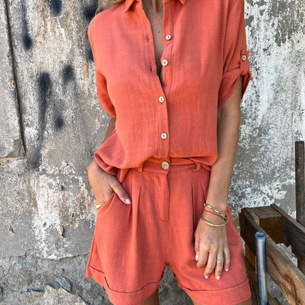 Spring And Summer New Cotton And Linen Short-sleeved Shorts Casual Suit Women