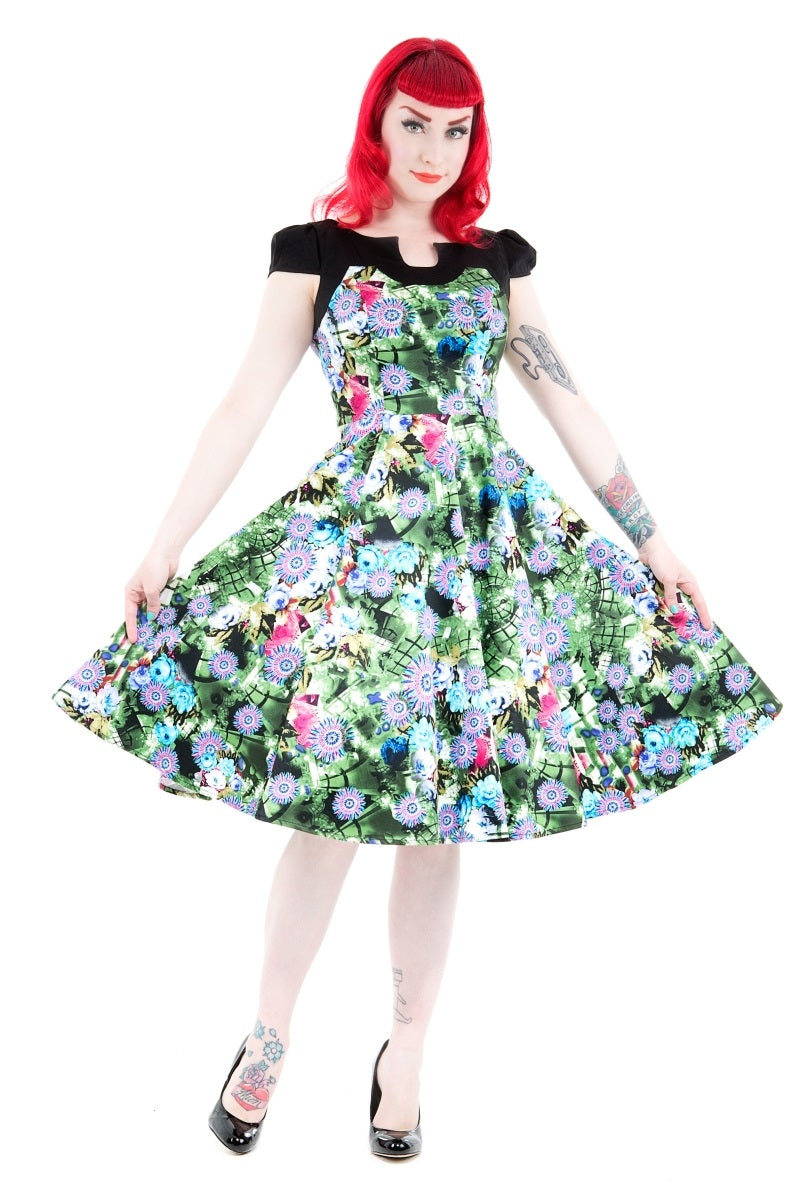 9082 Green Floral Swing Dress