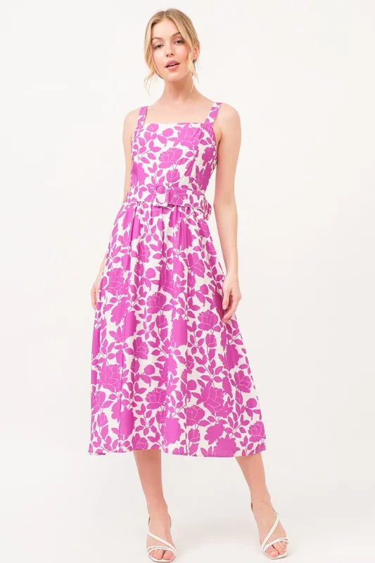 And The Why Square Neck Belted Floral Printed Midi Dress