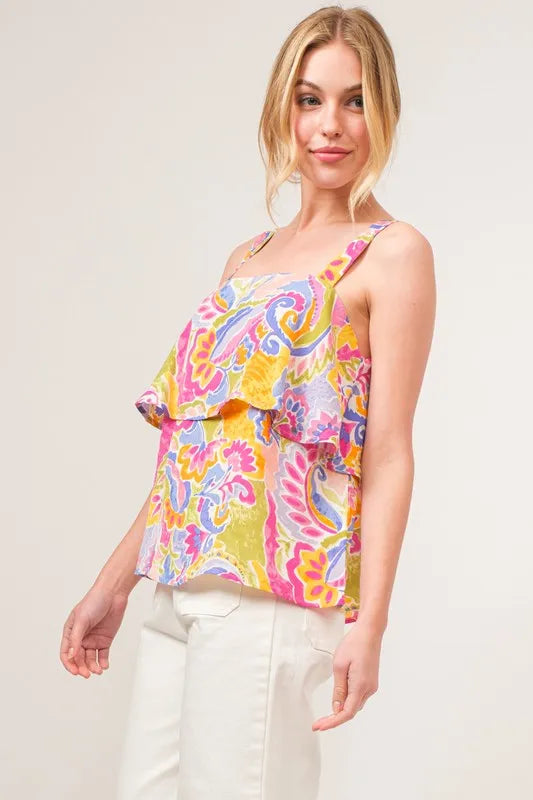 And The Why Square Neck Tiered Paisley Printed Top