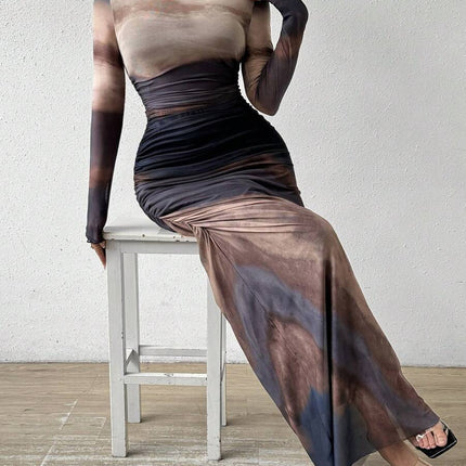 Tie-dyed Long Sleeve Slim Fit Hot Girl Long Dress Women