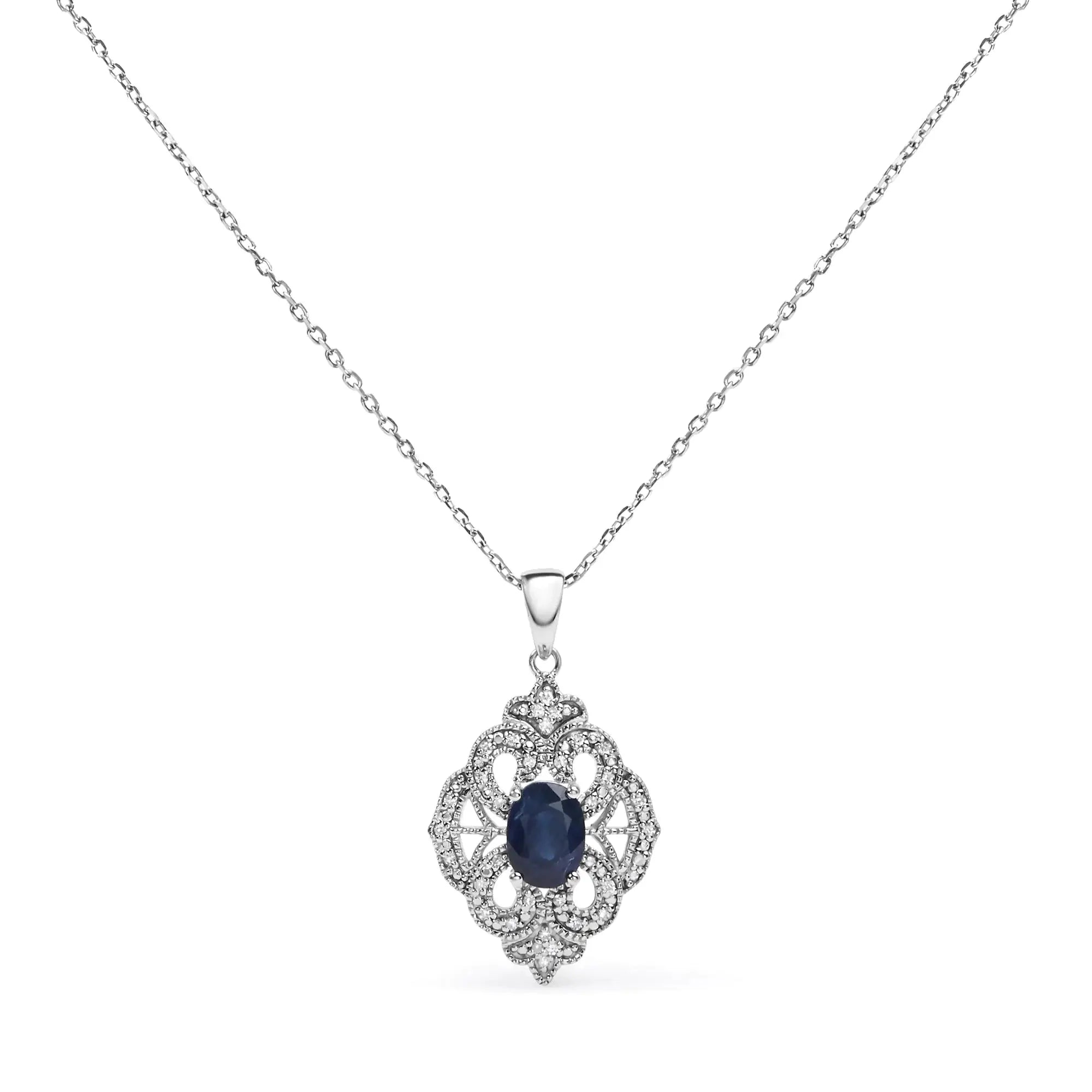 .925 Sterling Silver 7x5 MM Oval Blue Sapphire and Diamond Accent Art Deco Style Shield Shaped 18" Pendant Necklace (I-J Color, I3 Clarity)