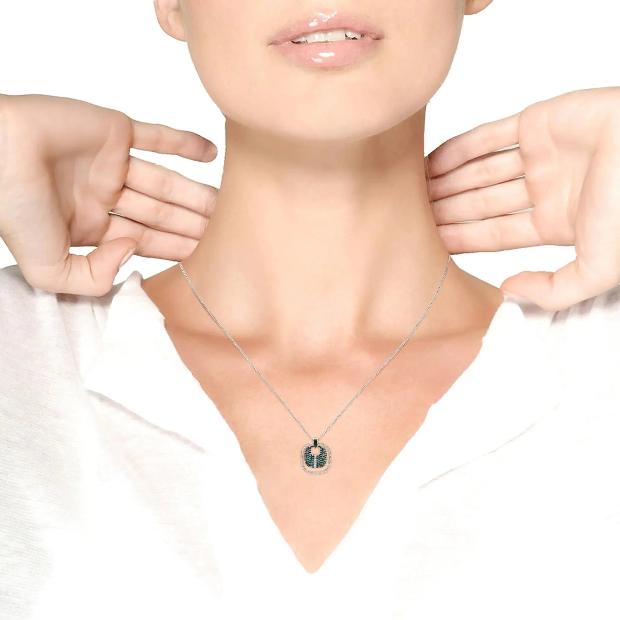 .925 Sterling Silver Green Enamel Pendant with 1/2 Cttw Diamond, Sapphire, and Tsavorite Openwork Statement 18" Pendant Necklace (F-G Color, VS1-VS2 Clarity)