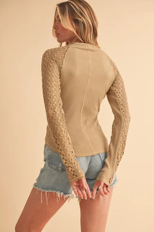 Aemi+Co Mock Neck Ribbed Knit Top with Crochet Sleeve