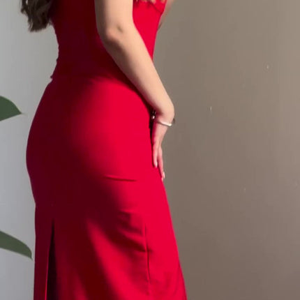Red Sexy Back Slit Suspender Maxi Dress