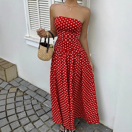 Elegant Off-Shoulder Polka Dot Dress – Strapless High-Waist Style