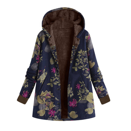 Retro flower print plus size hooded jacket top