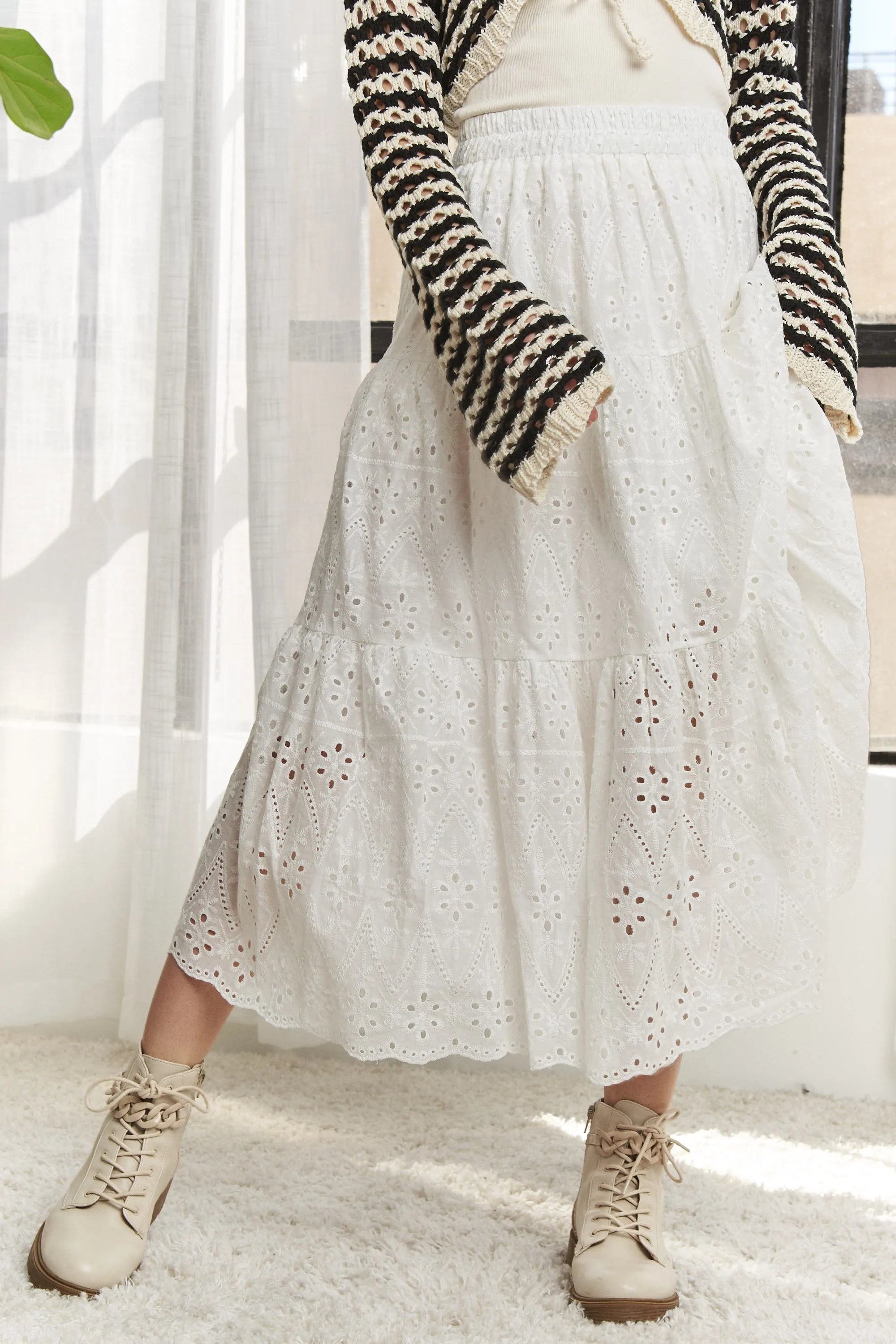 ADORA Elastic Waistband Tiered Midi Skirt