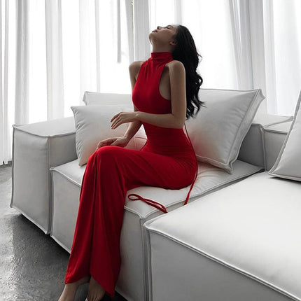 Hollow Out Sleeveless Hanging Neck Dress At Back