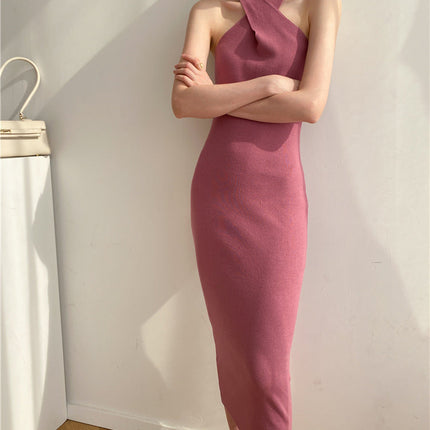 Women's Slim Fit Slim Pack Hip Cross Halter Over Knee Knit Dress