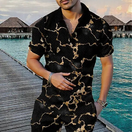 Men's Summer Fashion Short Sleeve black n gold Geometric Zip Lapel Shirt and short Set
