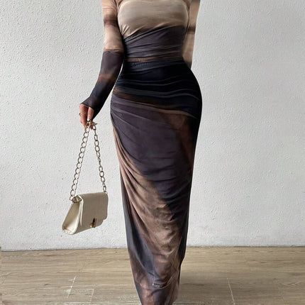 Tie-dyed Long Sleeve Slim Fit Hot Girl Long Dress Women