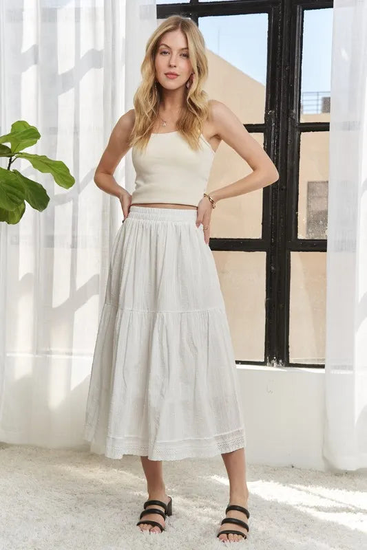 ADORA Elastic Waistband Tiered Midi Skirt