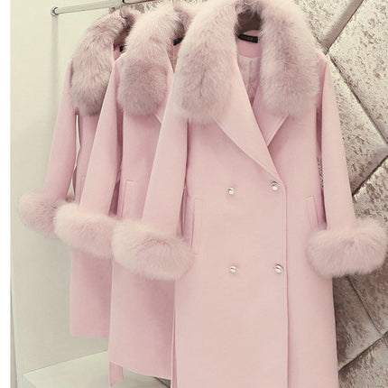 Slim-fit Large Fur Collar Lengthened Thick Woolen Coat