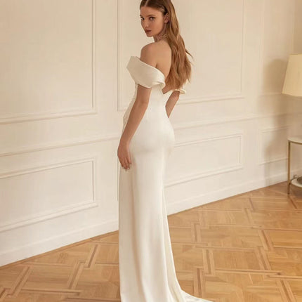 One-shoulder White Simple Slim Wedding Dress Lyiq