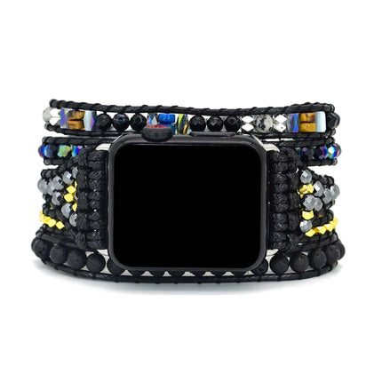 Black Retro Woven Watch Band  Natural Stone Bead Strap Bracelet