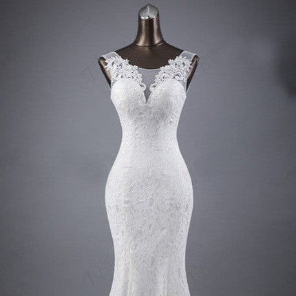 Lace slim and thin double shoulder tail wedding dress