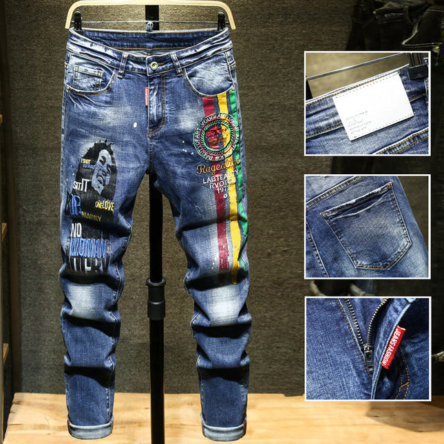 Men's Embroidered Printed Jeans Ripped Pants Slim-fit Straight Stretch Men's Pants