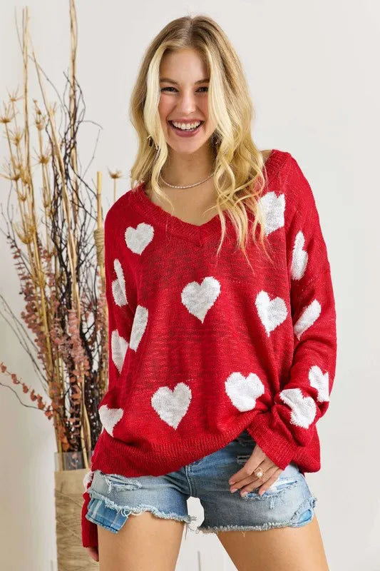 ADORA Full Size Heart V-Neck Knit Top Plus Size