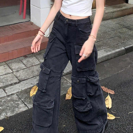 Retro Black Multi-pocket Cargo Pants Women's Loose Jeans