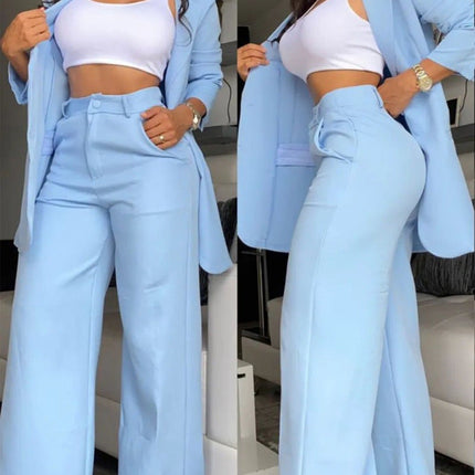 Pure Color Split Sleeve Lapel Suit Straight-leg Pants Suit Women