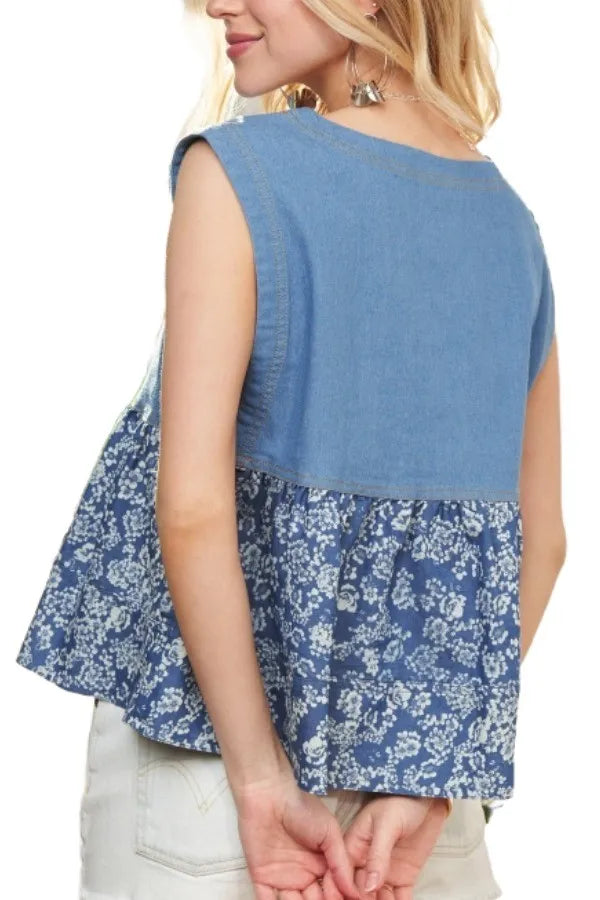 ADORA Sleeveless Denim Contrast Top