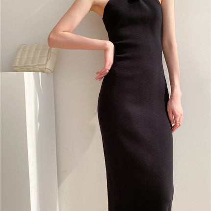 Women's Slim Fit Slim Pack Hip Cross Halter Over Knee Knit Dress